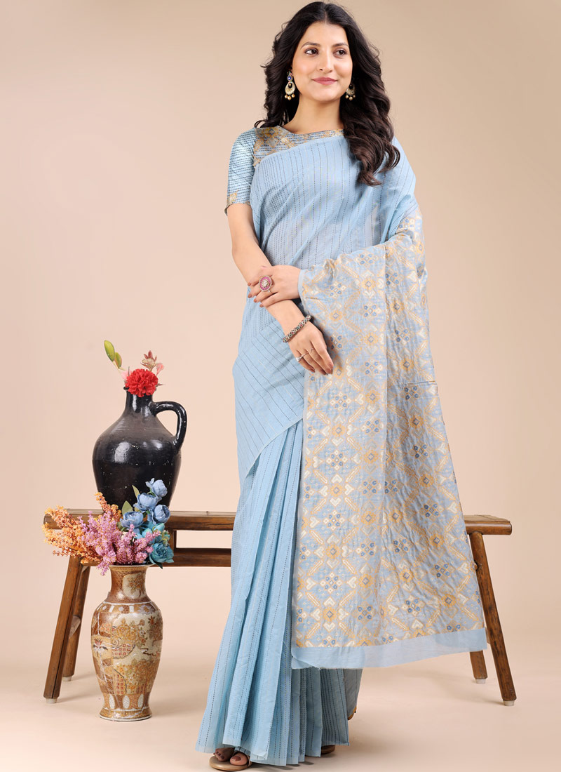 Sky Blue Cotton Daily Wear Saree Sky Blue Cotton Daily Wear Saree
