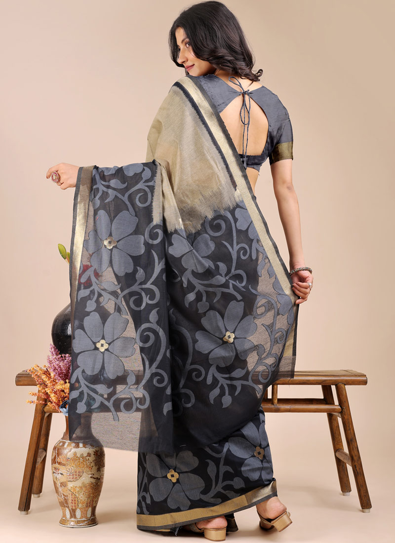 Cream And Black Cotton Daily Wear Saree Cream And Black Cotton Daily Wear Saree