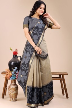 Cream And Black Cotton Daily Wear Saree