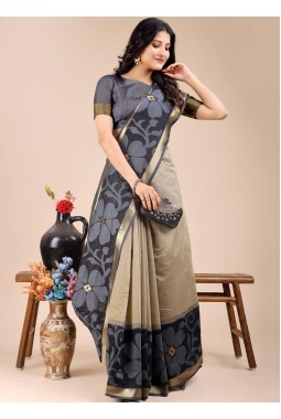 Cream And Black Cotton Daily Wear Saree