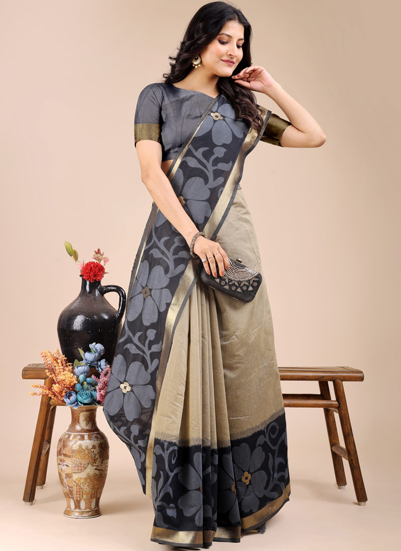Cream And Black Cotton Daily Wear Saree Cream And Black Cotton Daily Wear Saree