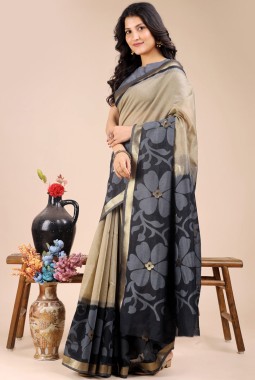 Cream And Black Cotton Daily Wear Saree