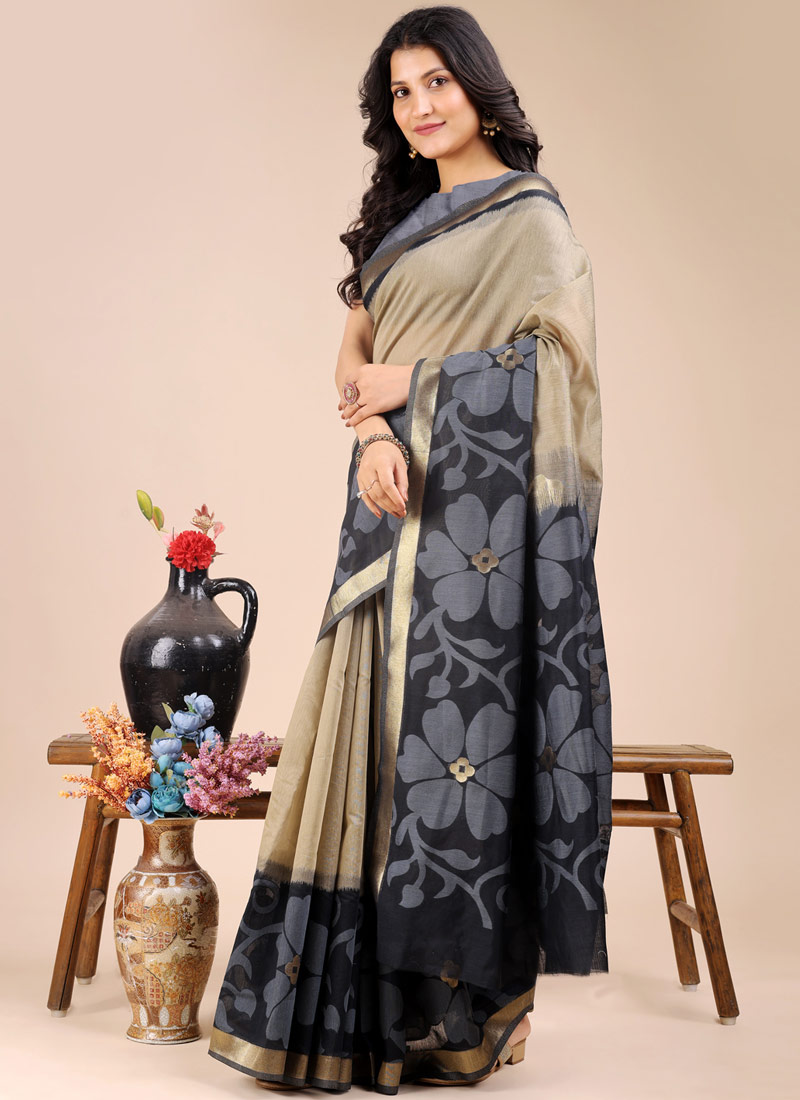 Cream And Black Cotton Daily Wear Saree Cream And Black Cotton Daily Wear Saree
