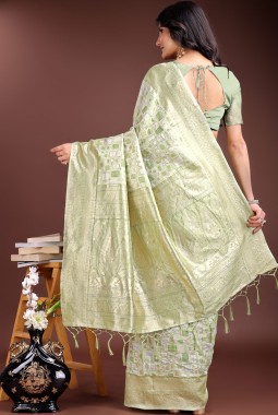 Light Green Linen Cotton Designer Saree