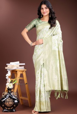 Light Green Linen Cotton Designer Saree