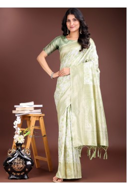 Light Green Linen Cotton Designer Saree