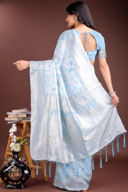 Sky Blue Linen Cotton Designer Saree
