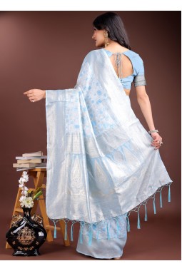 Sky Blue Linen Cotton Designer Saree