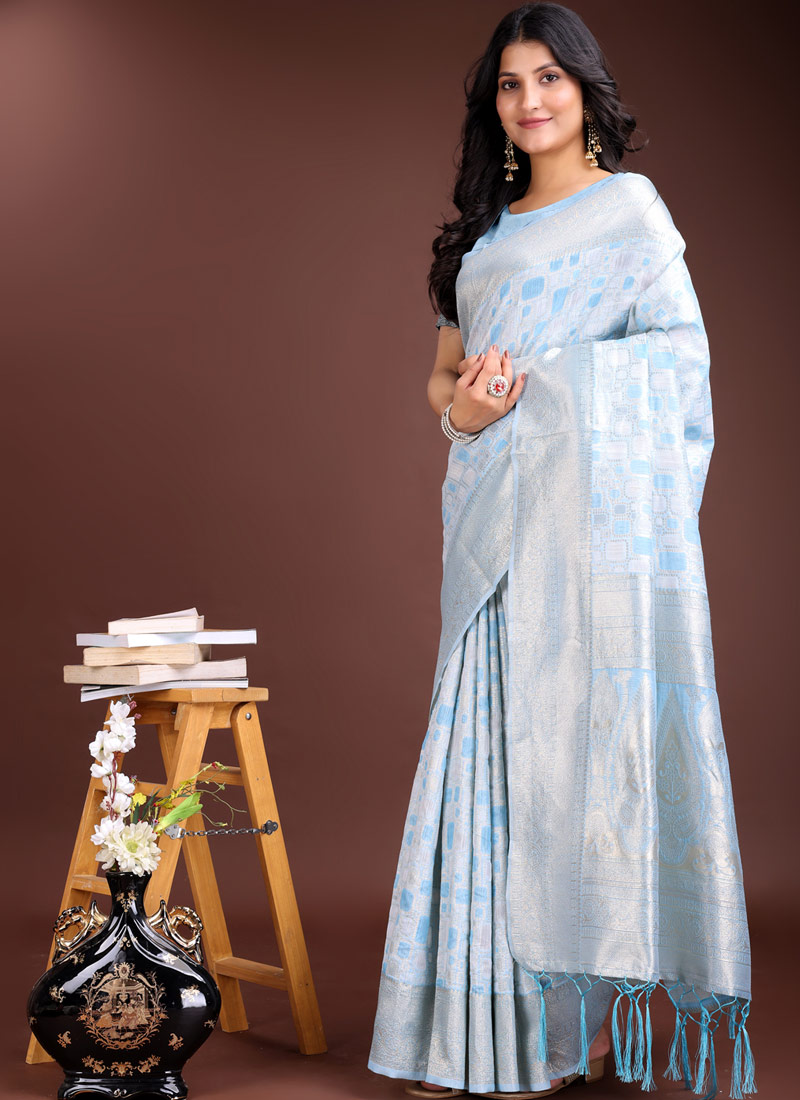 Sky Blue Linen Cotton Designer Saree Sky Blue Linen Cotton Designer Saree