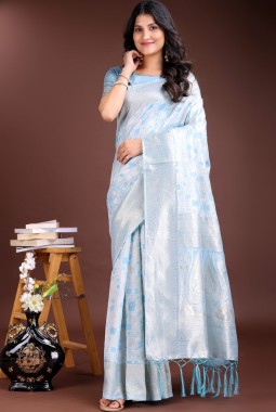 Sky Blue Linen Cotton Designer Saree
