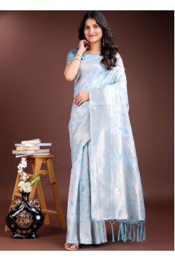 Sky Blue Linen Cotton Designer Saree