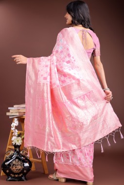 Pink Linen Cotton Designer Saree