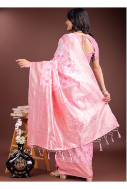 Pink Linen Cotton Designer Saree