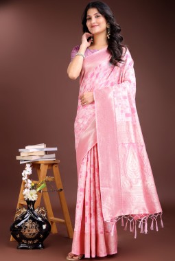 Pink Linen Cotton Designer Saree