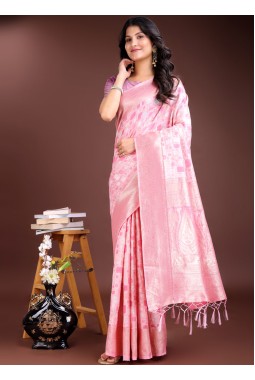 Pink Linen Cotton Designer Saree