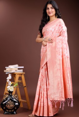 Peach Linen Cotton Designer Saree