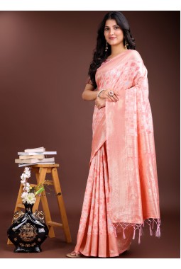 Peach Linen Cotton Designer Saree