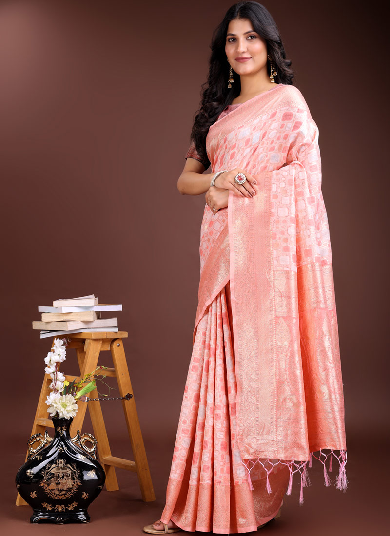 Peach Linen Cotton Designer Saree Peach Linen Cotton Designer Saree
