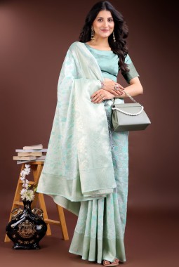 Sea Green Linen Cotton Designer Saree