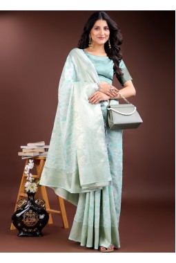 Sea Green Linen Cotton Designer Saree