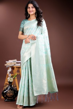 Sea Green Linen Cotton Designer Saree