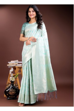 Sea Green Linen Cotton Designer Saree