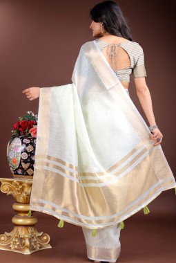 Light Green Cotton Festive Wear Saree