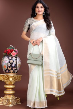 Light Green Cotton Festive Wear Saree