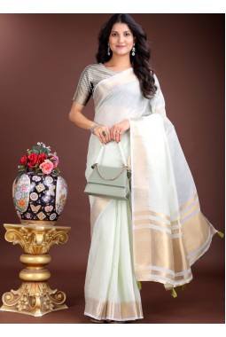 Light Green Cotton Festive Wear Saree