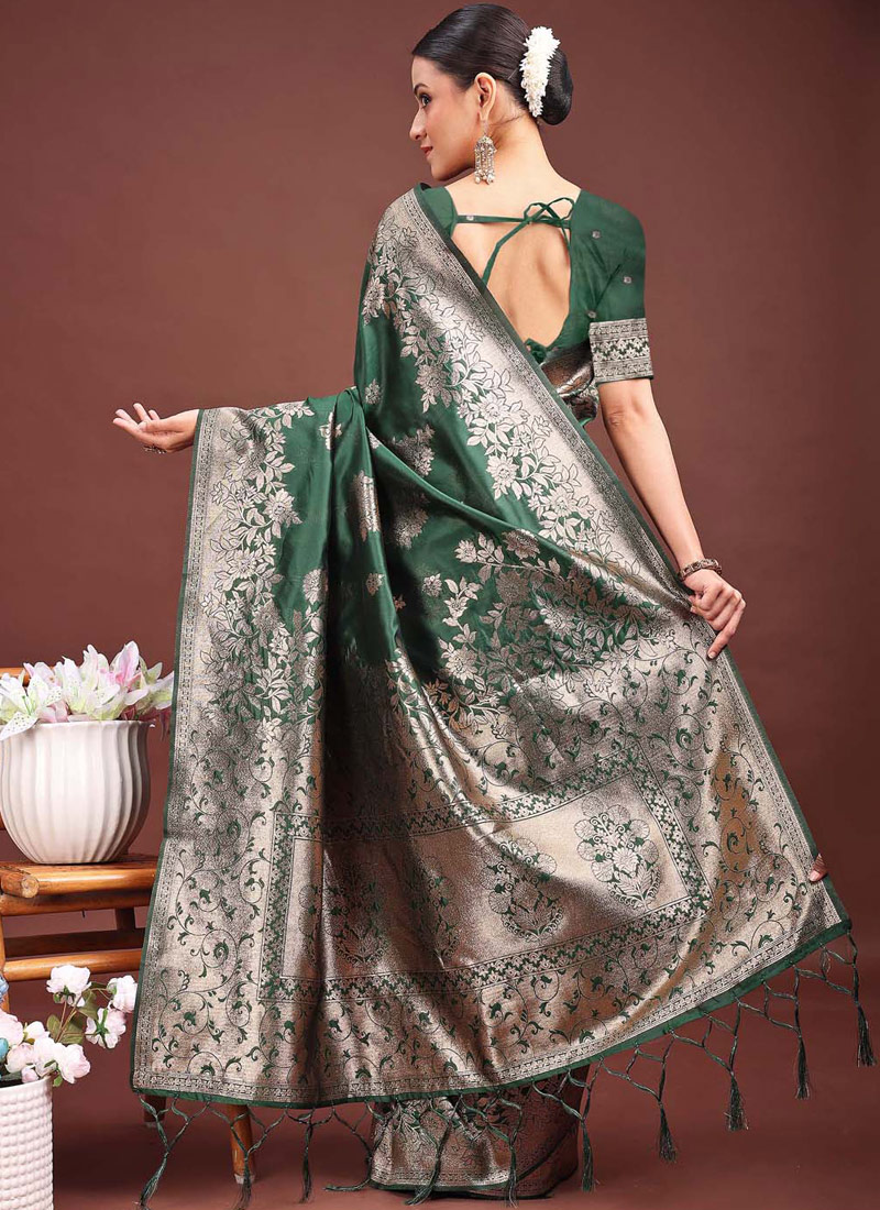 Dark Green Banarasi Silk Wedding Saree Dark Green Banarasi Silk Wedding Saree
