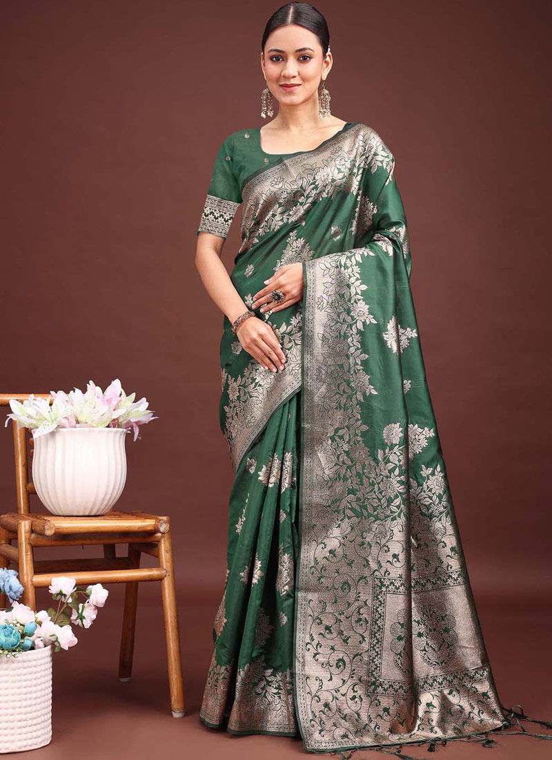 Dark Green Banarasi Silk Wedding Saree Dark Green Banarasi Silk Wedding Saree