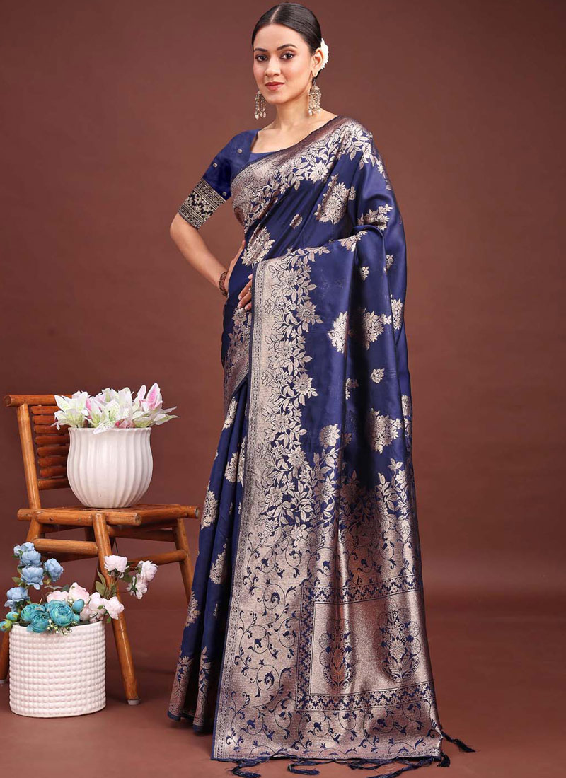 Navy Blue Banarasi Silk Wedding Saree Navy Blue Banarasi Silk Wedding Saree