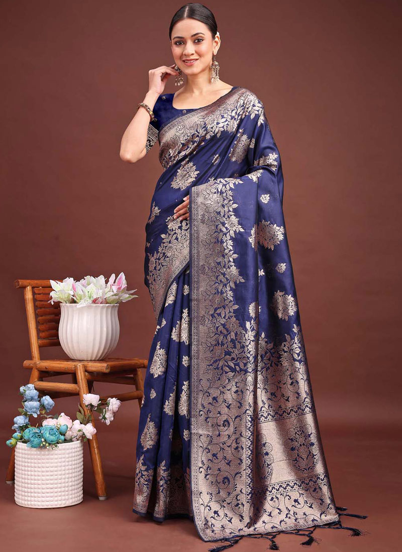 Navy Blue Banarasi Silk Wedding Saree Navy Blue Banarasi Silk Wedding Saree