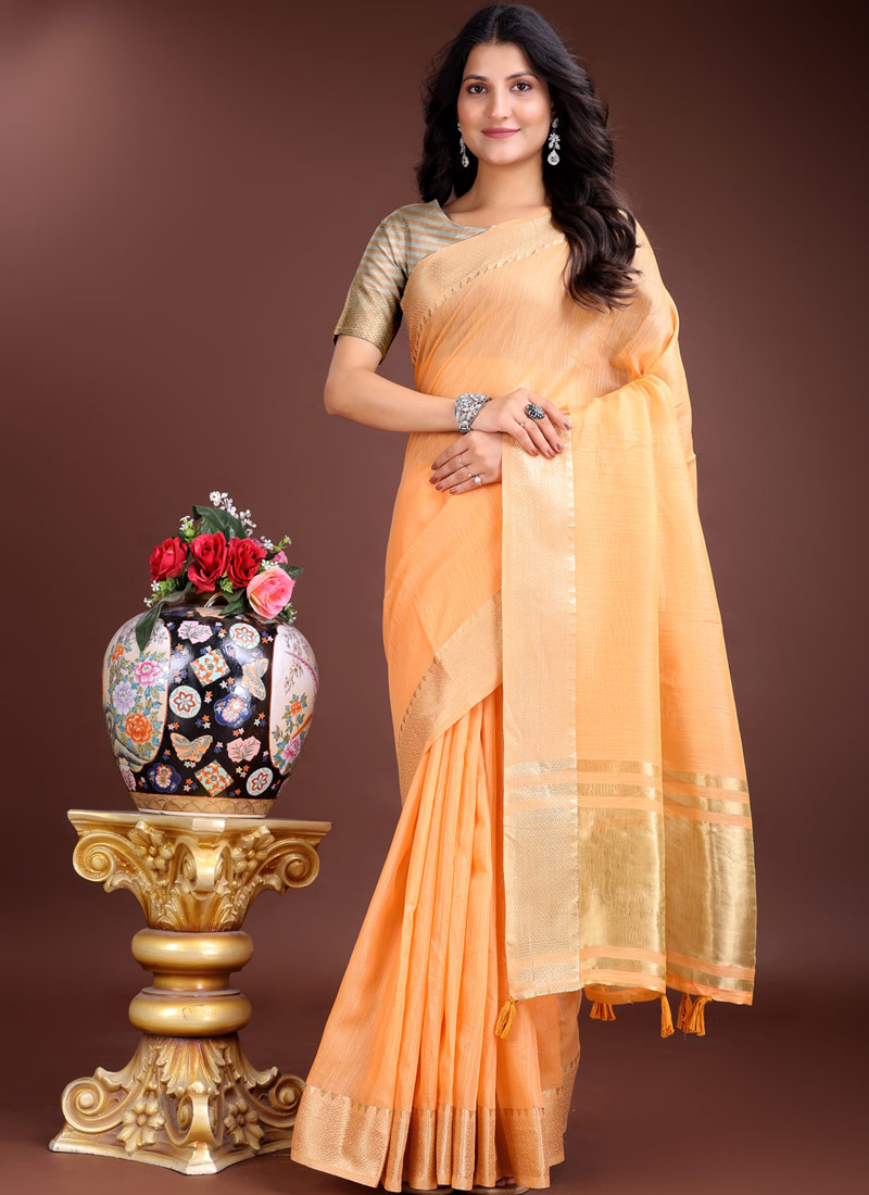 Orange Cotton Ready To Wear Saree Orange Cotton Ready To Wear Saree