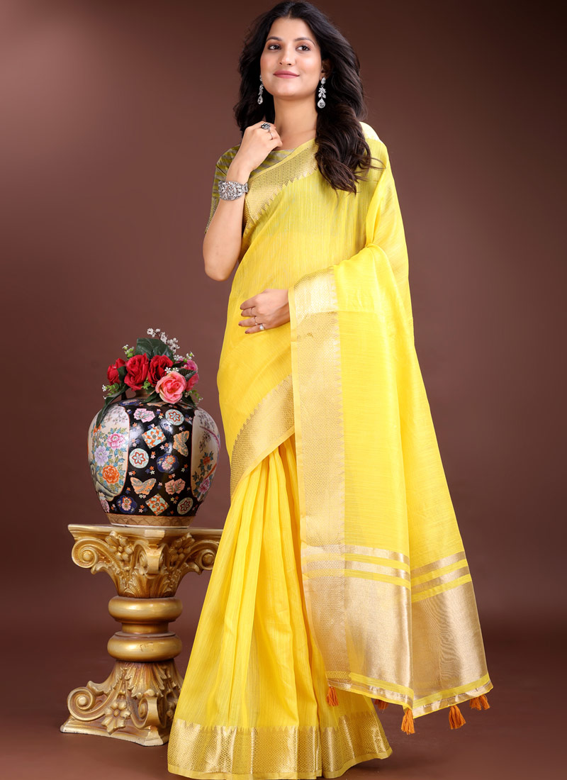 Yellow Cotton Ready To Wear Saree Yellow Cotton Ready To Wear Saree