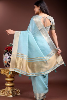 Sky Blue Cotton Ready To Wear Saree