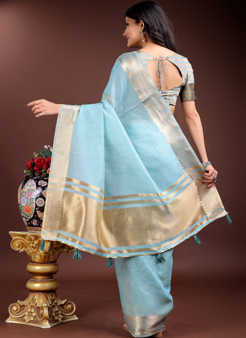 Sky Blue Cotton Ready To Wear Saree Sky Blue Cotton Ready To Wear Saree