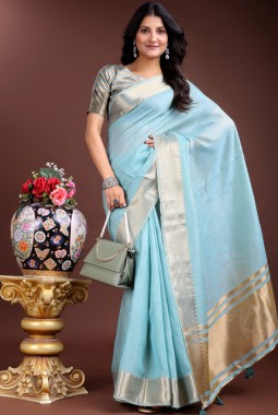 Sky Blue Cotton Ready To Wear Saree