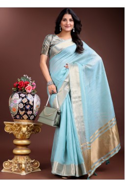 Sky Blue Cotton Ready To Wear Saree