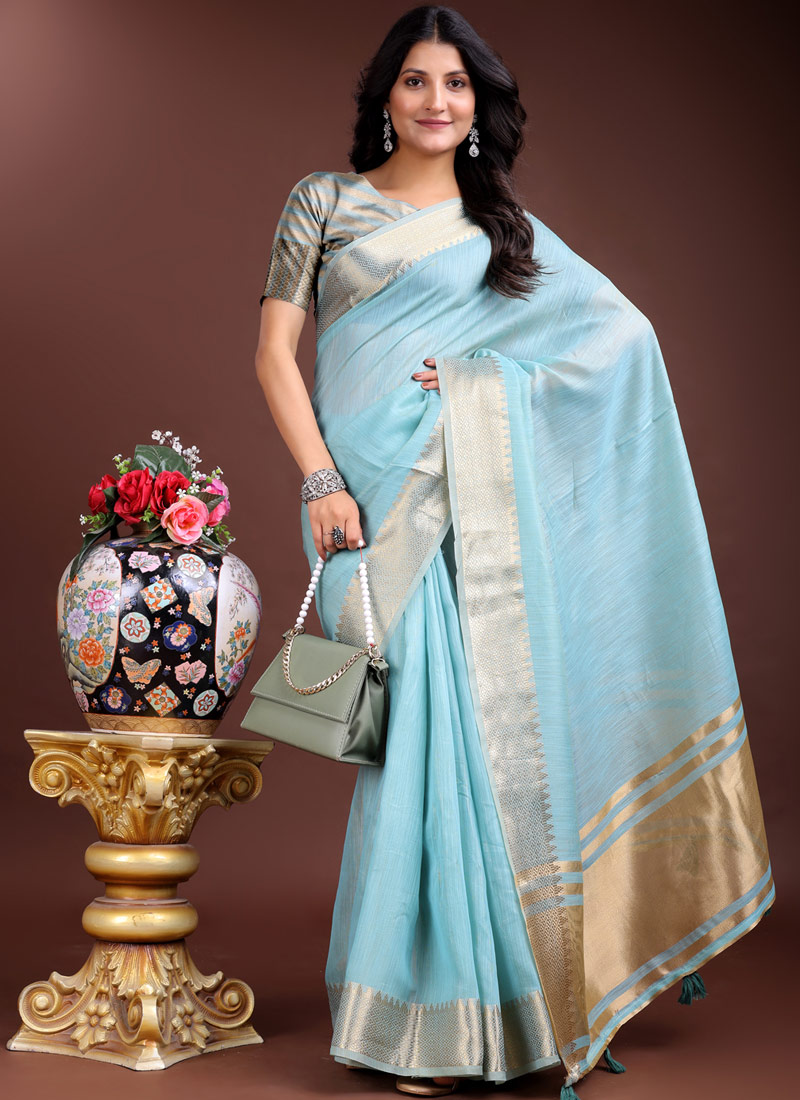 Sky Blue Cotton Ready To Wear Saree Sky Blue Cotton Ready To Wear Saree