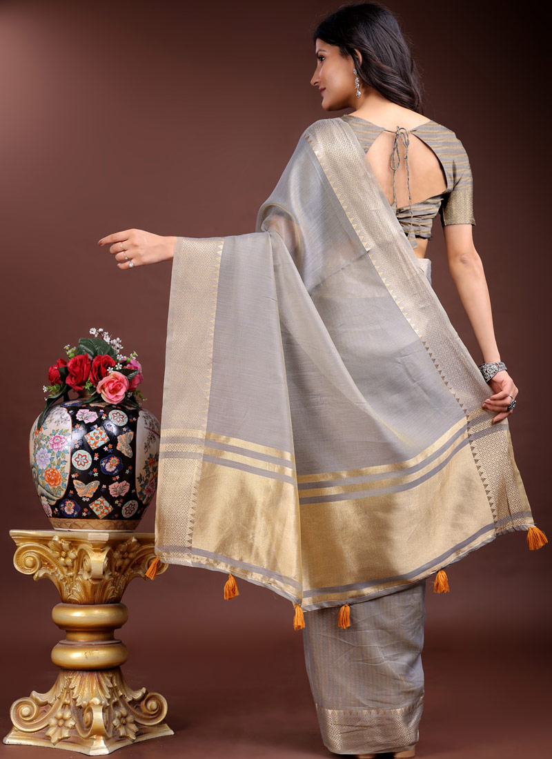 Grey Cotton Ready To Wear Saree Grey Cotton Ready To Wear Saree