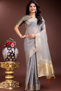 Grey Cotton Ready To Wear Saree