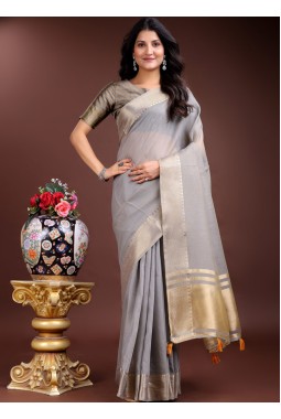 Grey Cotton Ready To Wear Saree