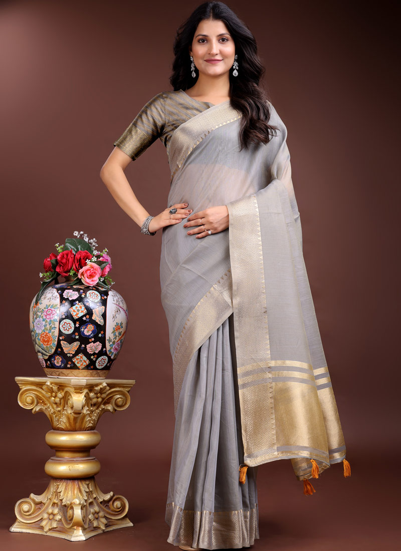 Grey Cotton Ready To Wear Saree Grey Cotton Ready To Wear Saree