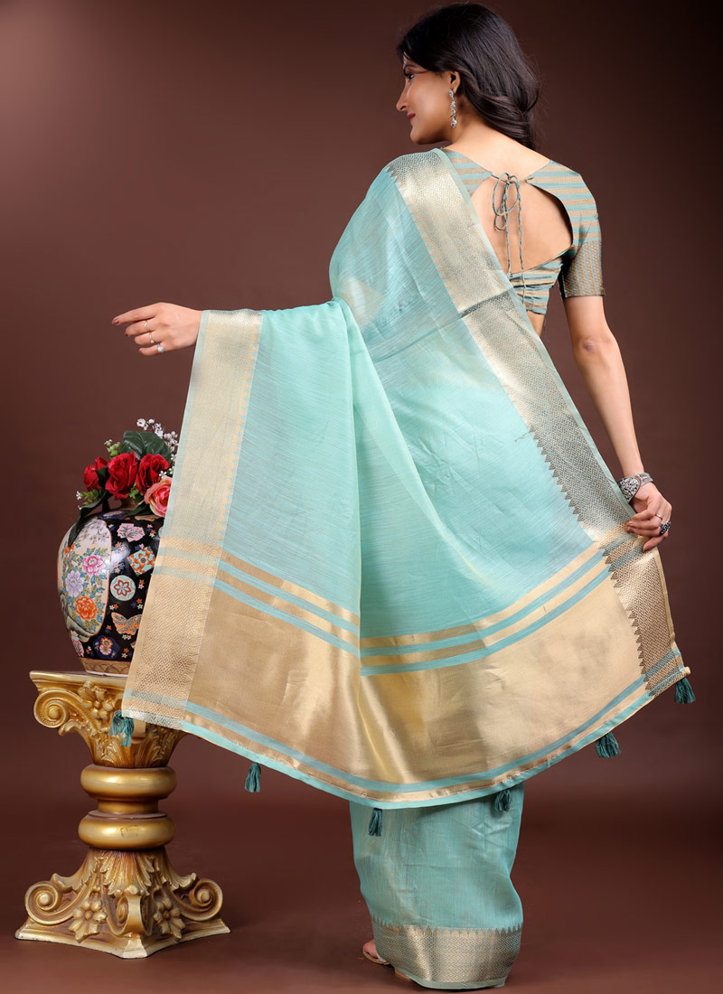 Sea Green Cotton Ready To Wear Saree Sea Green Cotton Ready To Wear Saree