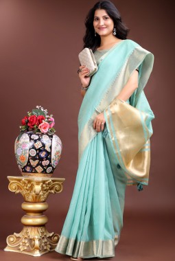 Sea Green Cotton Ready To Wear Saree