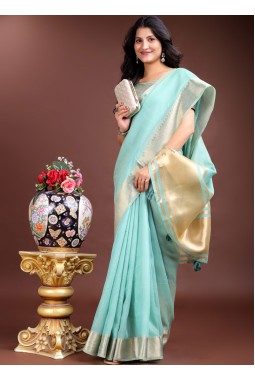Sea Green Cotton Ready To Wear Saree