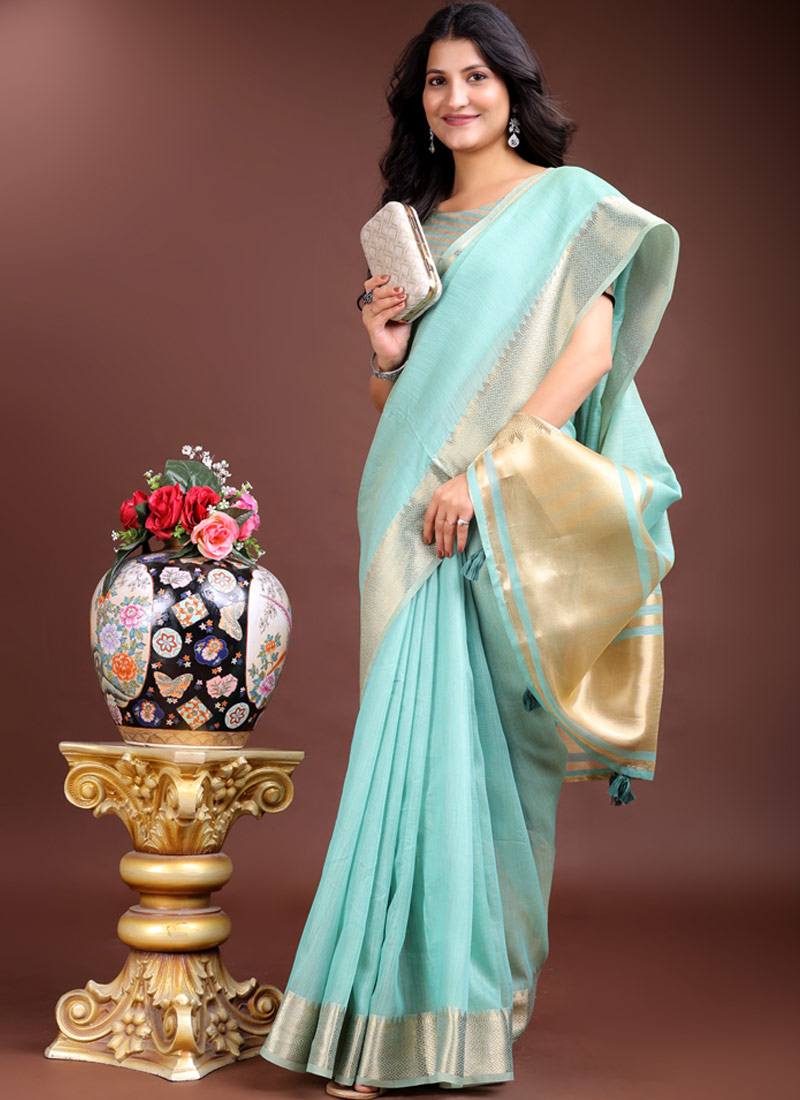 Sea Green Cotton Ready To Wear Saree Sea Green Cotton Ready To Wear Saree