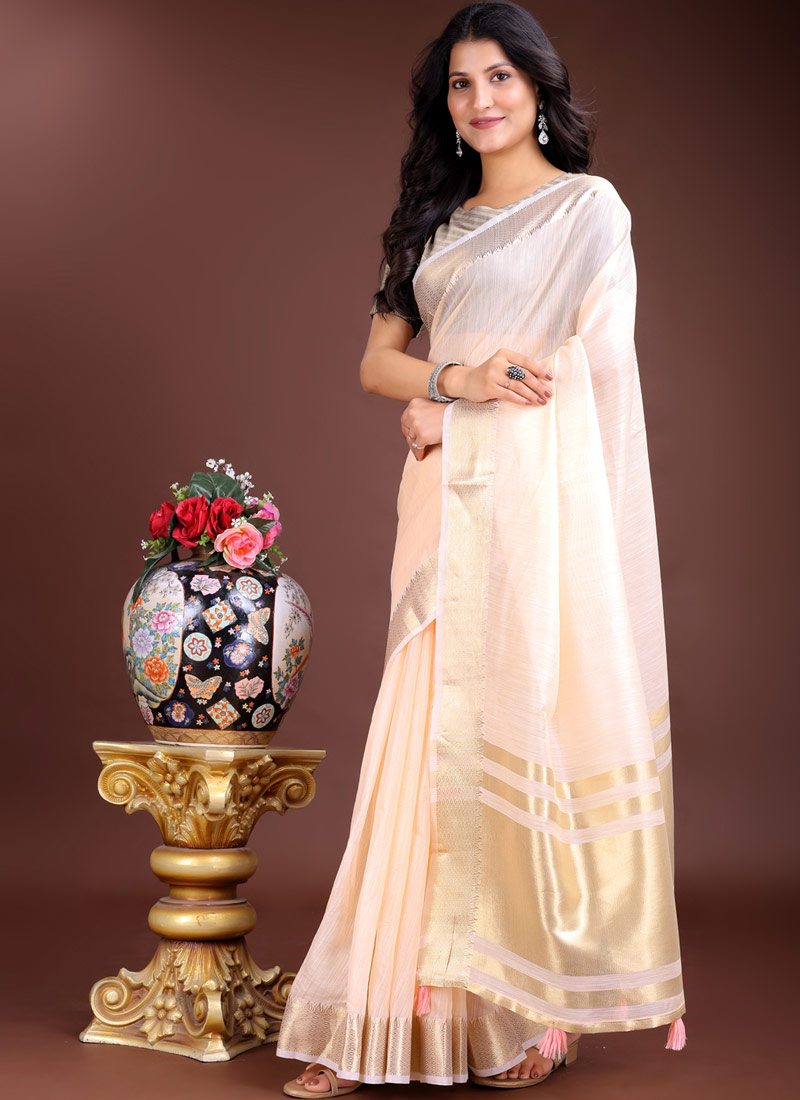Peach Cotton Ready To Wear Saree Peach Cotton Ready To Wear Saree