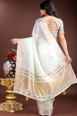 Light Green Cotton Ready To Wear Saree